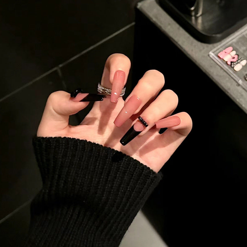 Chic Elegance Long Coffin Pink with Black Accent Press On Nail Set Featuring Glossy Finish