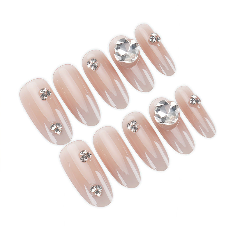Glamorous Elegance Long Oval Beige Press On Nails with Stunning Gemstone Accents