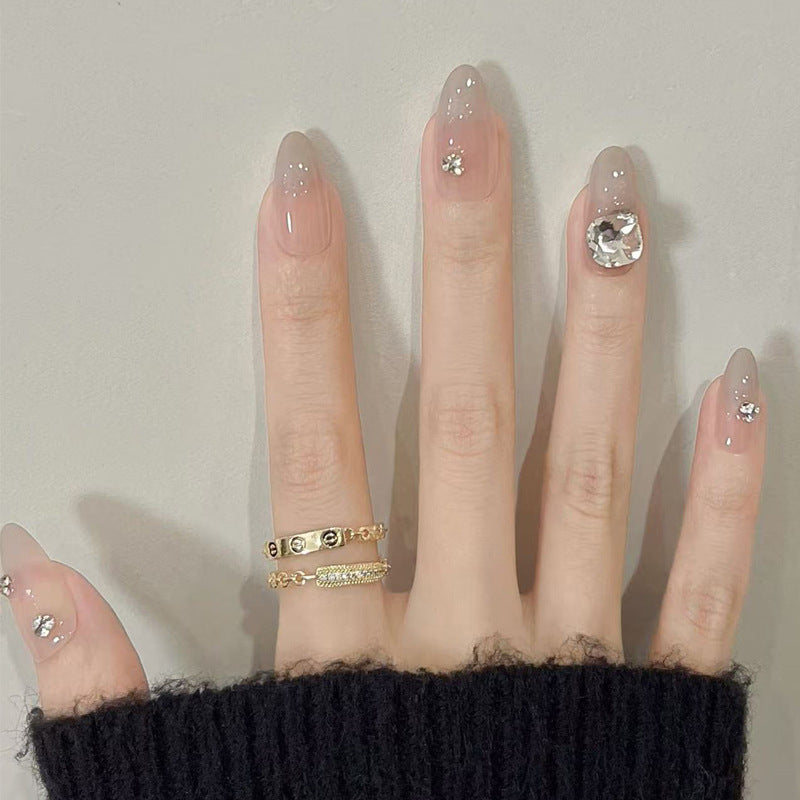 Glamorous Elegance Long Almond Shaped Ombre Beige Press-On Nail Set with Sparkling Rhinestone Accents