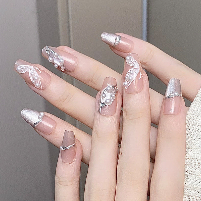 Enchanting Elegance Long Coffin Beige with Silver Accents and Intricate Butterfly Designs Press on Nail Set