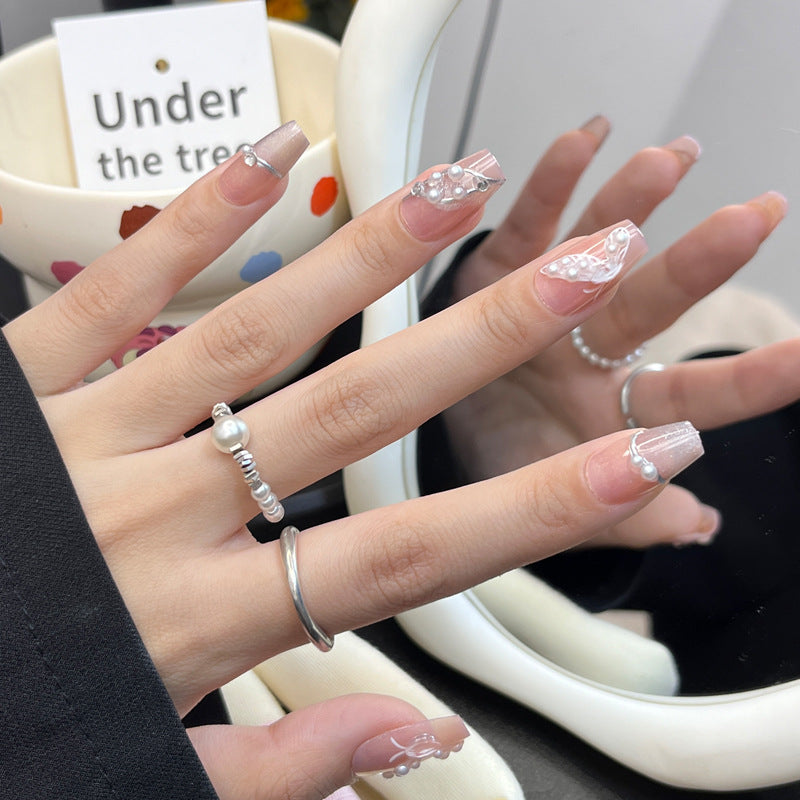Whimsical Garden Long Square Clear Nails with Pearl Accents