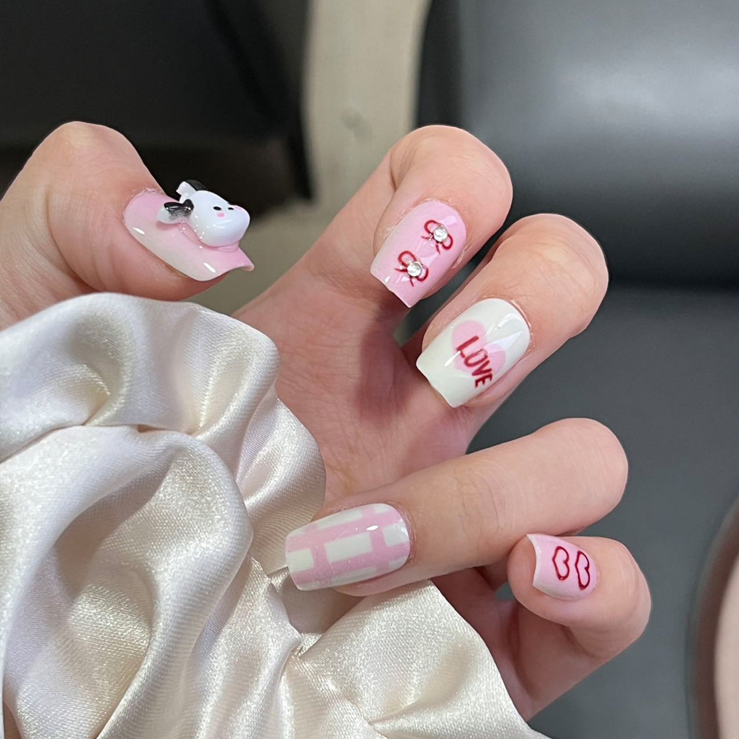 Whimsical Romance Medium Square Pink Press On Nail Set With Adorable Bunny Charm And Heartful Graphics