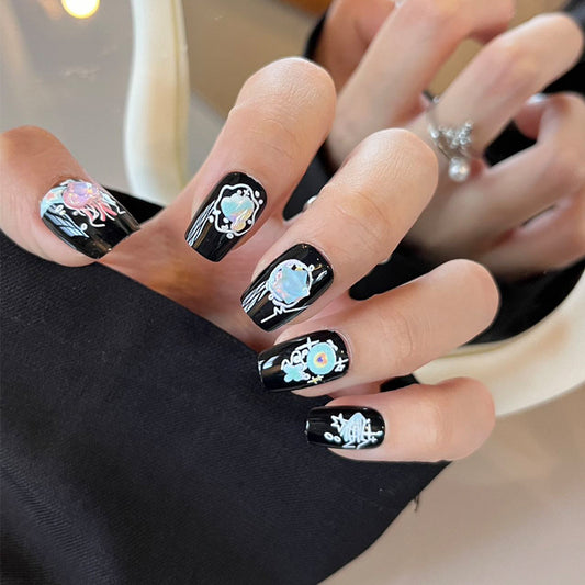 Underwater Fantasy Medium Square Black Press On Nail Set with Unique Colorful Oceanic Art