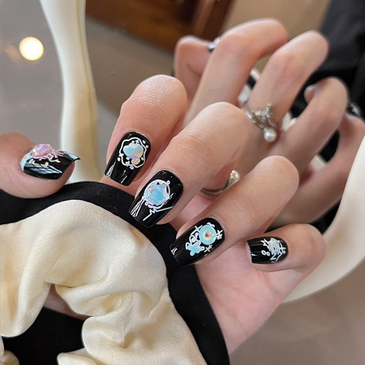 Cosmic Night Medium Square Black Press-On Nail Set with Colorful Celestial Designs