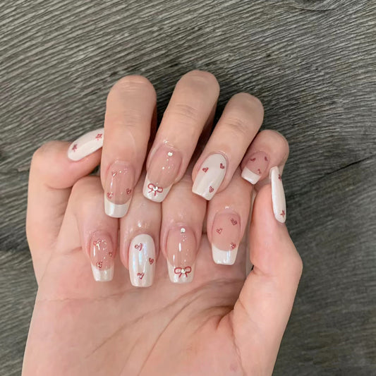Charming Romance Medium Square Blush Pink with Sweet Heart and Bow Accents Press On Nail Set
