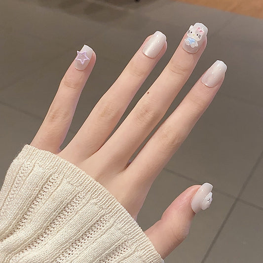 Whimsical Dreamy Chic Medium Square White Press on Nail Set with Cute Character and Star Accents