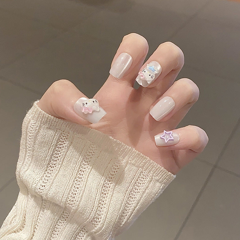 Whimsical Dream Press On Nail Set Medium Square Clear With Adorable Kitty And Star Accents