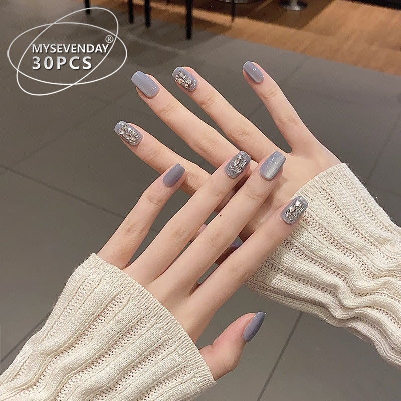 Chic Elegance Medium Square Grey Press On Nail Set with Sparkling Accents