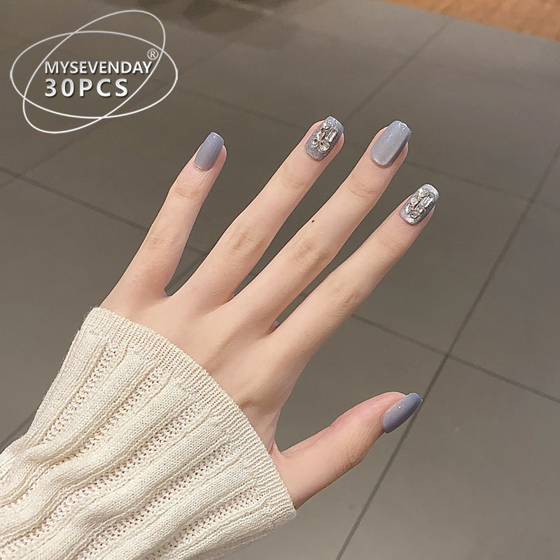 Elegant Serenity Medium Square Light Gray Press-On Nail Set with Glitter Accents