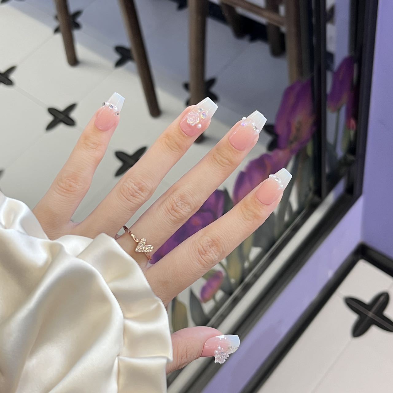 Charming Blossom Long Square Ombre Pink with Stunning Gemstone Accents Press On Nail Set