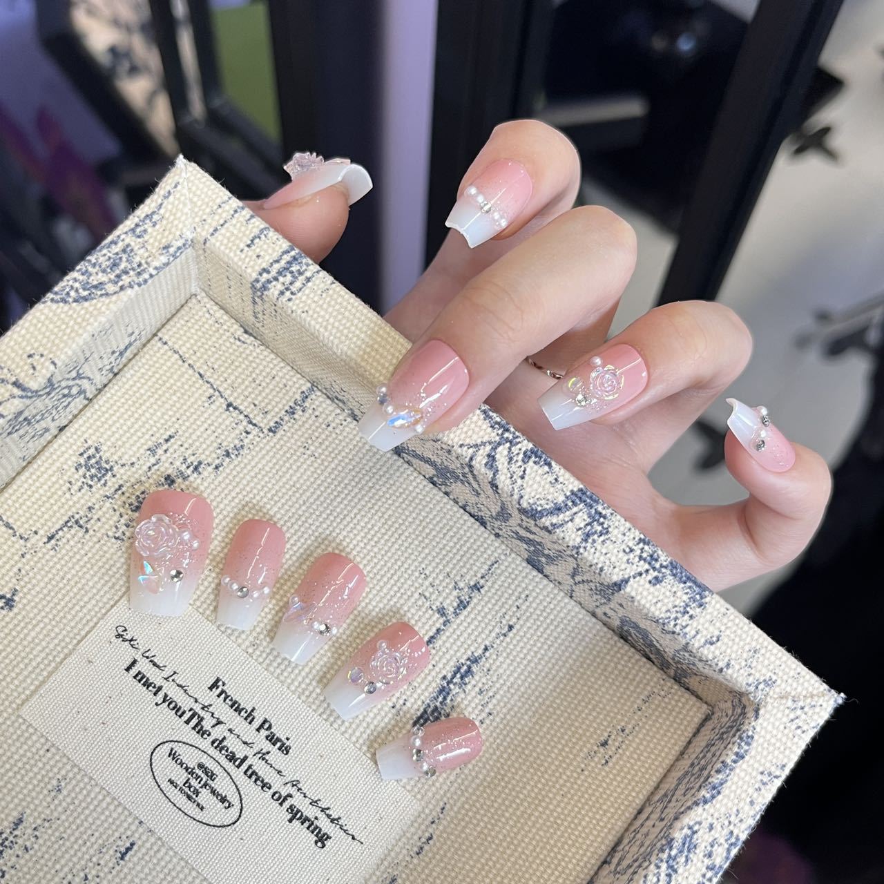 Blossoming Elegance Long Square Pink and White Press On Nail Set with Floral Accents and Sparkling Gems