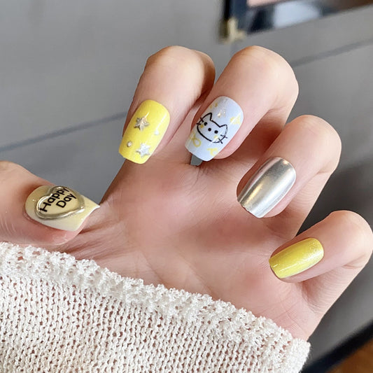Whimsical Sunshine Short Square Press On Nail Set in Yellow and Silver with Sparkling Cat Design