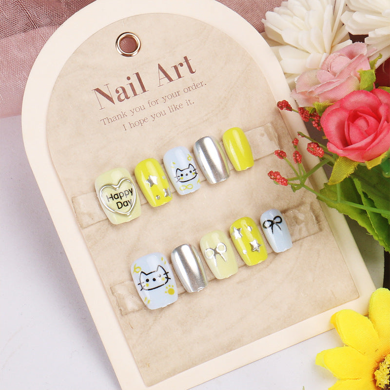 Whimsical Sunshine Short Square Press-On Nails in Cheerful Yellow with Adorable Heart and Star Accents