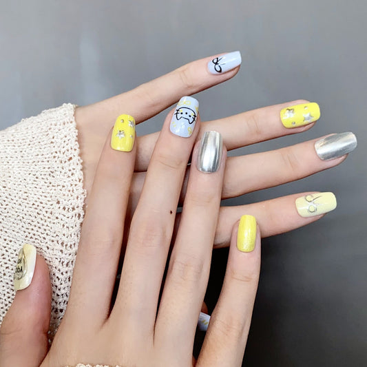 Sunny Daydream short Square Press-On Nail Set in Bright Yellow and Soft Blue with Whimsical Art Features