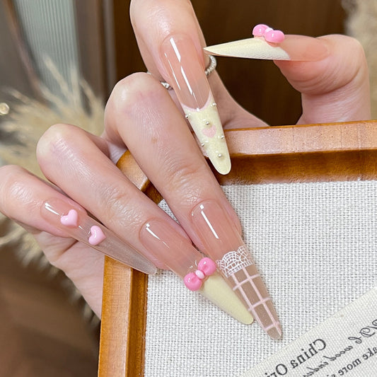 Sweet Treat Inspired Long Stiletto Clear Pink and Yellow Press on Nail Set with Whimsical Decorations