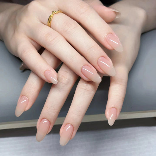 Elegant Blossom Press-On Nail Set in Medium Almond Shape Soft Pink with Gradient Tips and Glossy Finish