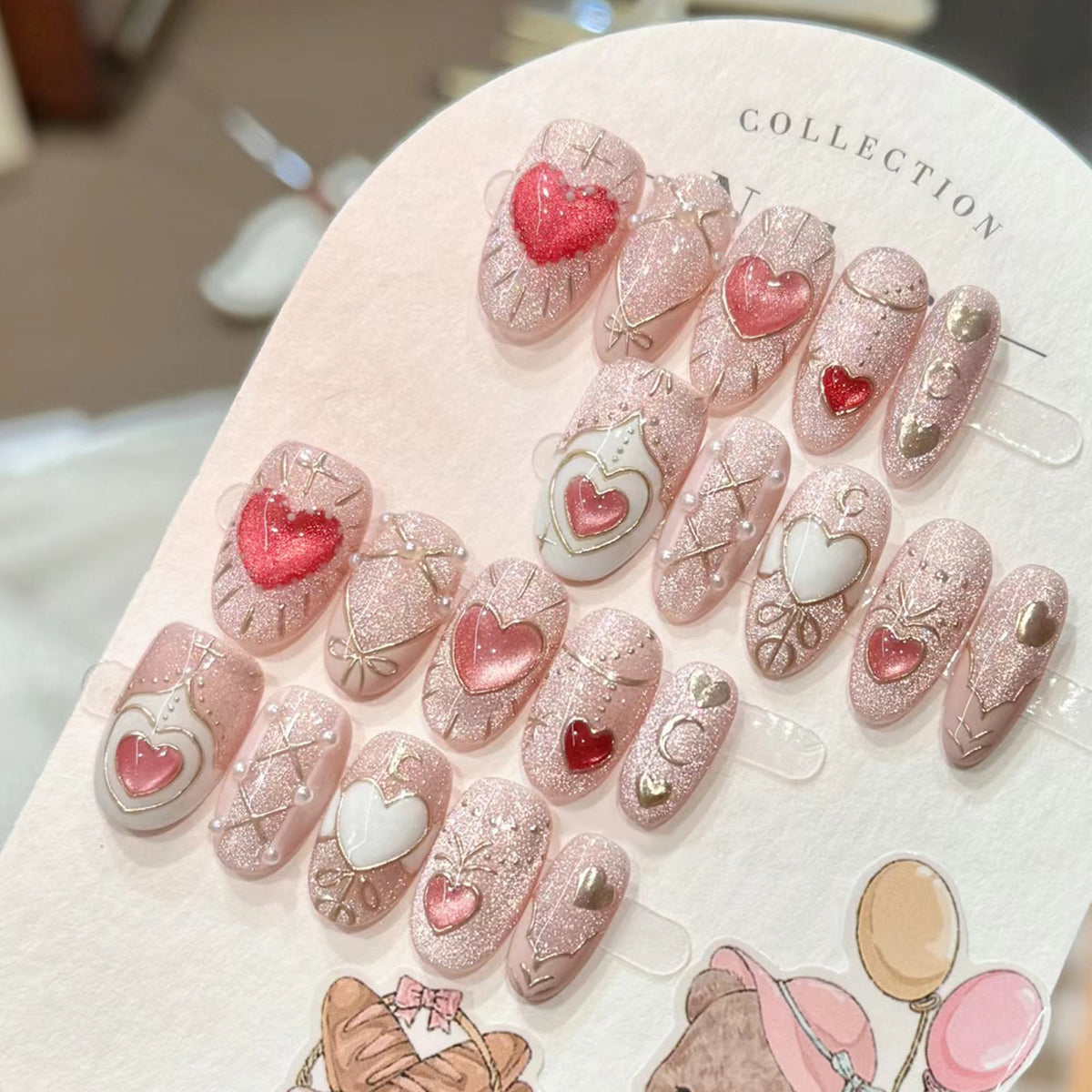 Romantic Heart Theme Medium Oval Pink Glitter Press On Nail Set with Sparkling Heart Accents