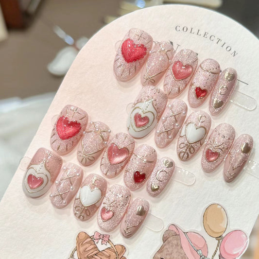 Romantic Heart Theme Medium Oval Pink Glitter Press On Nail Set with Sparkling Heart Accents