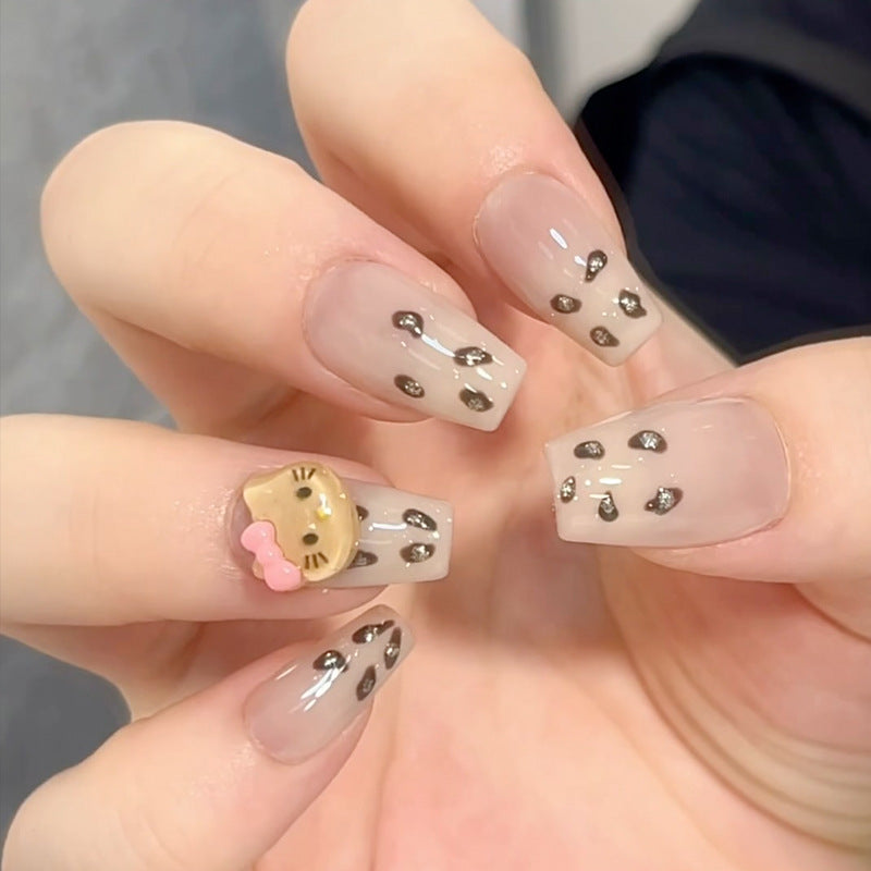 Whimsical Kitty Design Medium Square Blush Beige Nail Set With Adorable Cat Charm