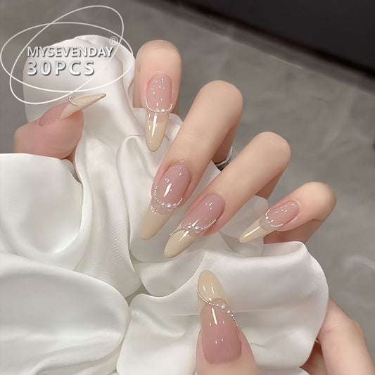 Elegant Charm Press-On Nails in Long Almond Shape Neutral Color with Pearl Accent Feature