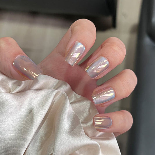 Celestial Glow Medium Square Iridescent Nails with Shimmering Finish