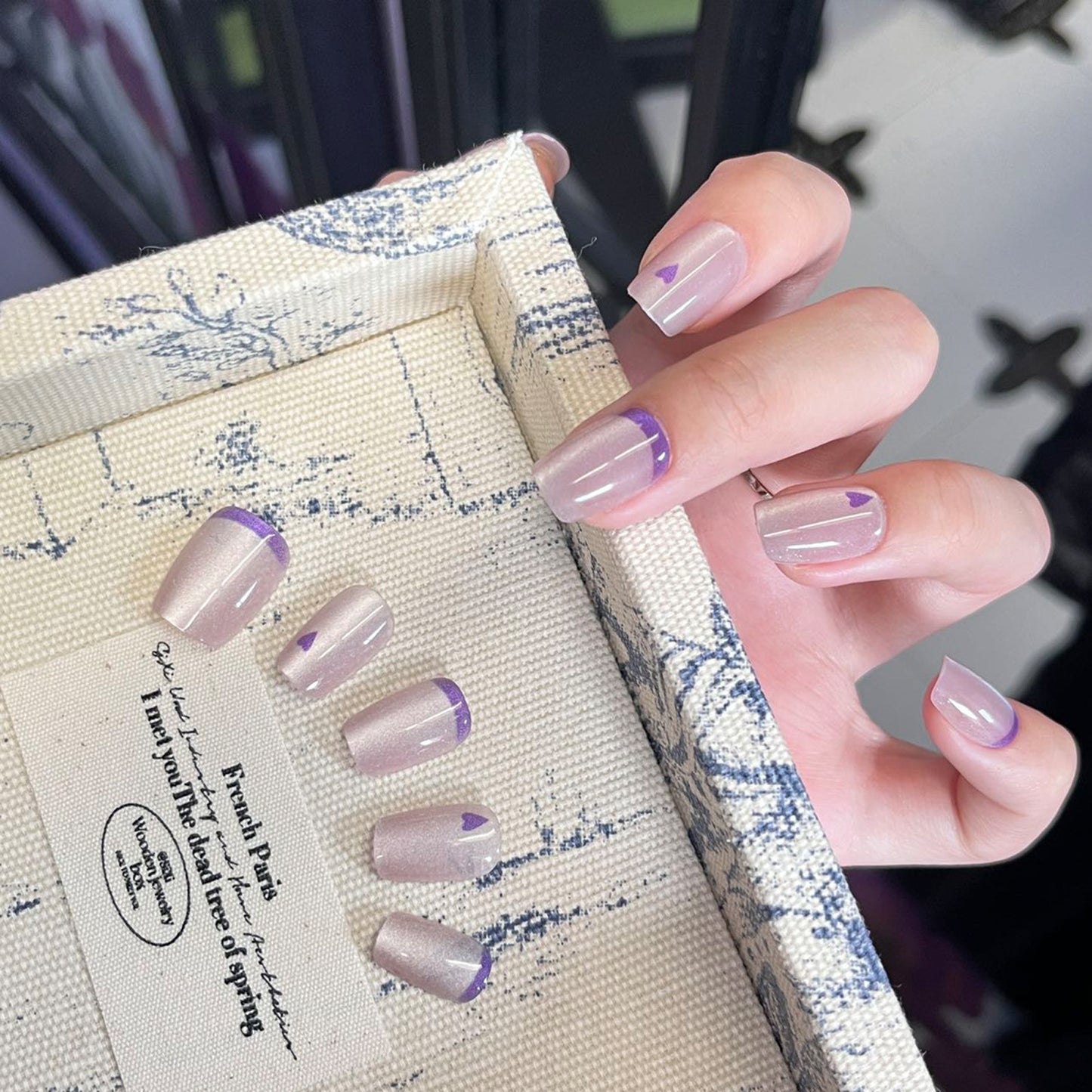 Whimsical Spring Dream Medium Square Clear Purple Tip Press-On Nail Set with Heart Accent