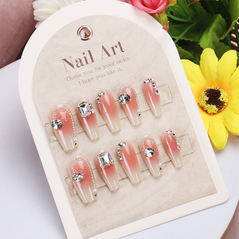 Glamorous Elegance Lengthy Long Coffin Shaped Pink Ombre Press On Nails with Gemstone Accents