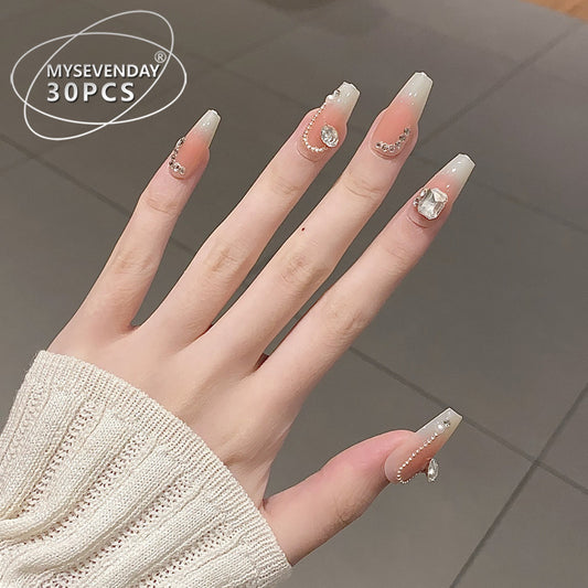 Celestial Elegance Long Coffin Blush Pink Press On Nail Set with Stunning Rhinestone Accents