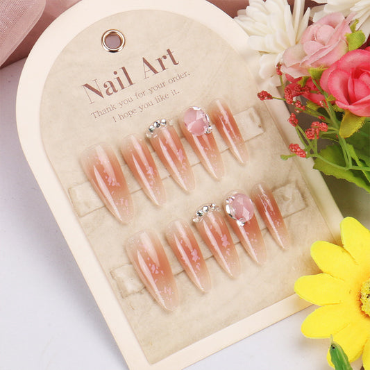 Enchanting Elegance Long Almond Peach Ombre Press On Nails with Sparkling Gem Accent