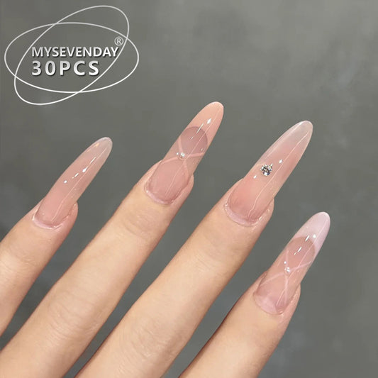 Elegant Dreamy Lengthy Short Almond Shaped Blush Pink Press On Nails with Sparkling Accents