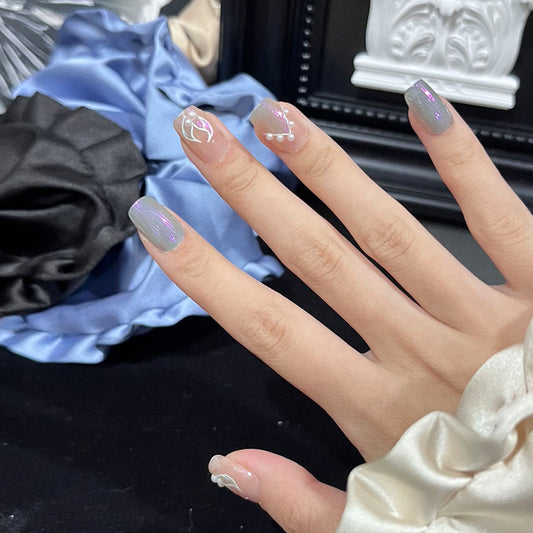 Glimmering Elegance Medium Square Grey and Translucent Press on Nail Set with Unique Artistic Patterns