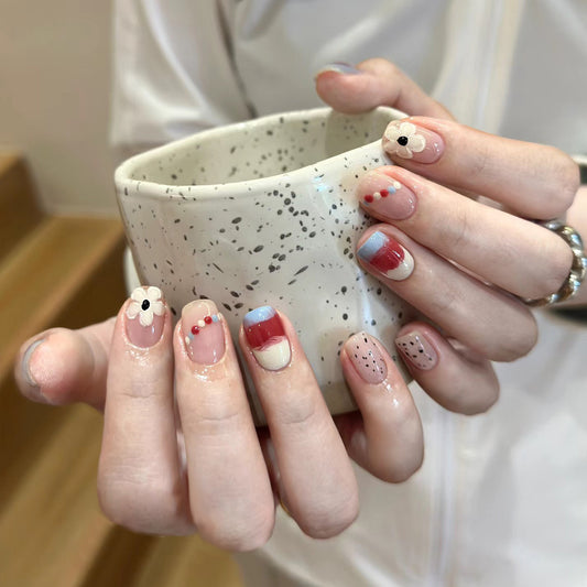 Whimsical Floral Fantasy Short Length Square Press On Nail Set in Pastel Red and Blue with Artistic Flower and Dot Design