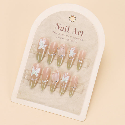 Whimsical Butterfly Dream Long Almond Green and Beige Press On Nail Set with Delicate Floral Accents