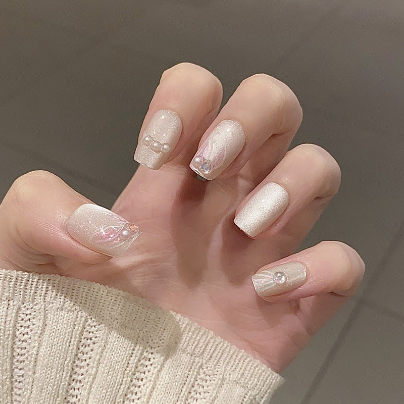 Elegant Crystal Dream Press-On Nail Set Medium Square Cool Shimmering Champagne Finish with Charming Pearl Accents