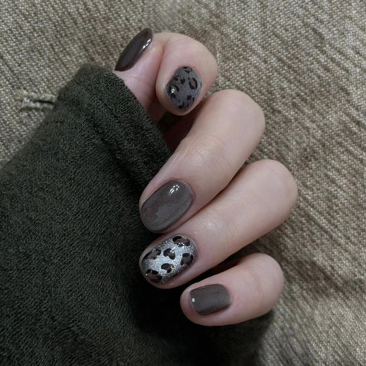 Wild Safari Chic Short Square Mocha Brown with Sparkling Leopard Accents Press-On Nail Set