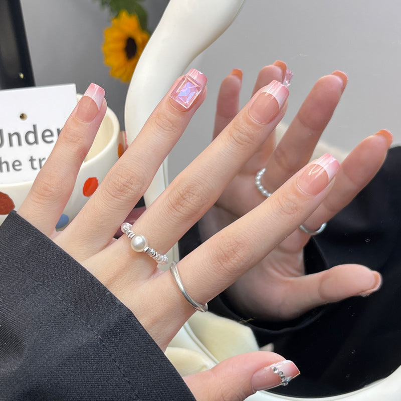 Chic Elegance Medium Square Light Pink Color with Stunning Gemstone Accent Press on Nail Set