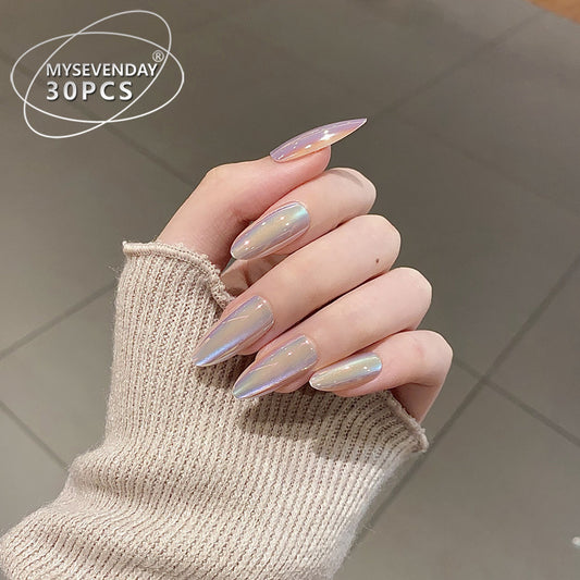 Celestial Glamour Long Almond Shaped Iridescent Press On Nail Set with Dazzling Holographic Finish