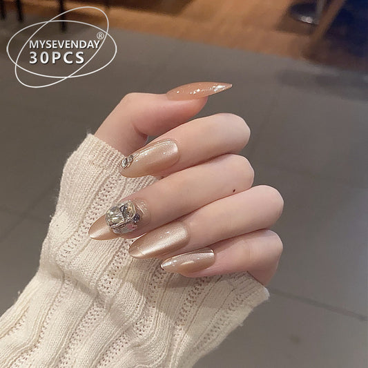 Glamorous Golden Medium Almond Shaped Press On Nail Set with Stunning Rhinestone Detail