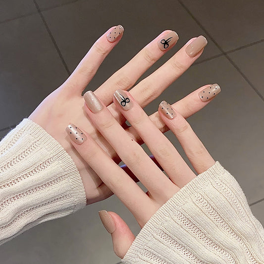Chic Elegance Short Square Neutral Tones with Playful Dots and Unique Symbols Press-On Nail Set