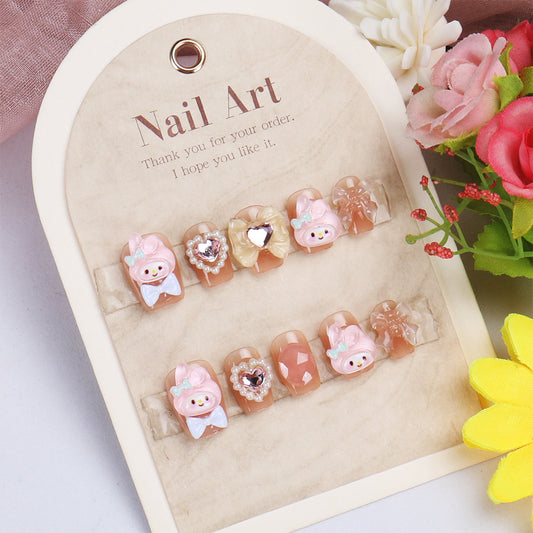 Whimsical Charm Short Square Shaped Pastel Pink Press On Nail Set with Unique Bow and Heart Accents