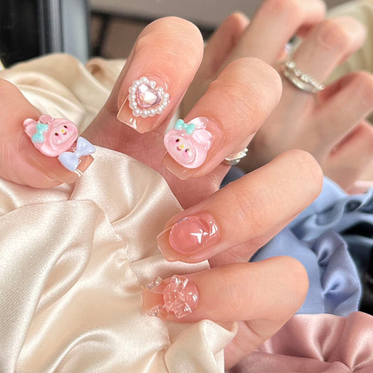 Sweet Pastel Dreamy Short Square Press On Nail Set In Soft Pink With Adorable Bunny And Heart Embellishments