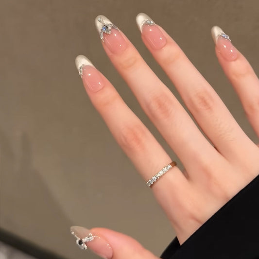 Elegant Garden Fantasy Medium Almond Glossy Pink Nails with Artistic Silver Accents