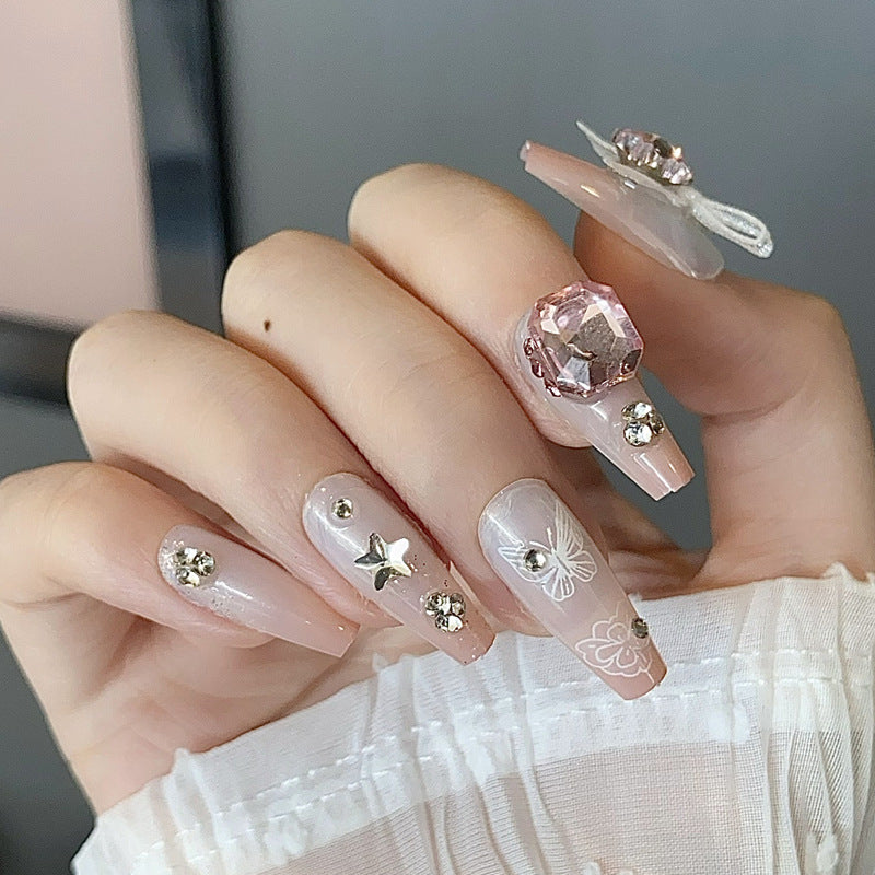 Glamorous Blossom Extra Long Coffin Shaped Pink Press On Nail Set with Elegant Rhinestone Embellishments