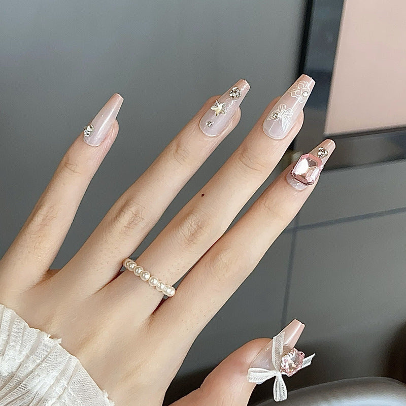Dreamy Blossom Shape Long Coffin Pink Nail Set with Elegant Crystal Accents