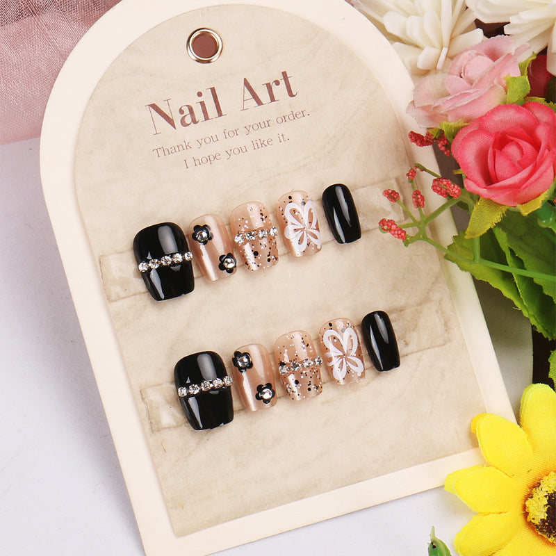 Elegant Butterfly Delight Black and Beige Short Length Square Press-On Nail Set with Rhinestone Accents