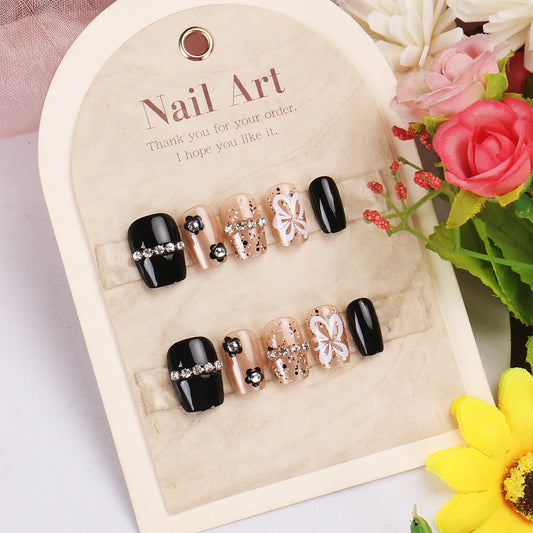 Elegant Butterfly Delight Black and Beige Short Length Square Press-On Nail Set with Rhinestone Accents
