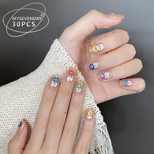 Whimsical Fantasy Short Square Clear Press On Nail Set Featuring Colorful Cartoon Faces