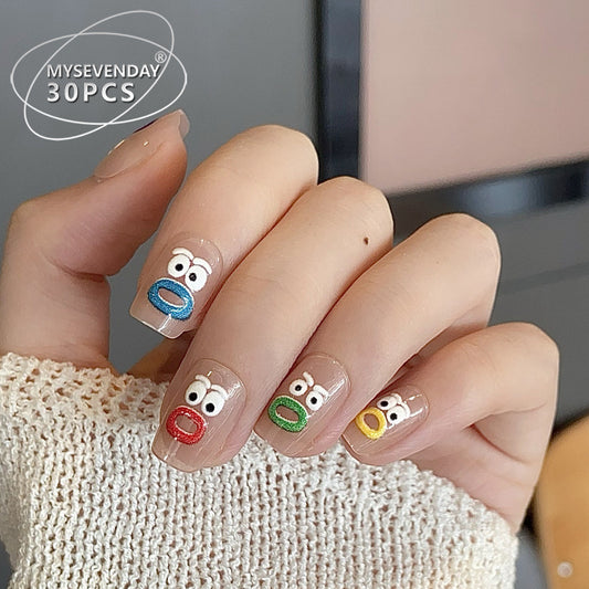 Whimsical Adventure Medium Square Clear Nails with Colorful Character Designs