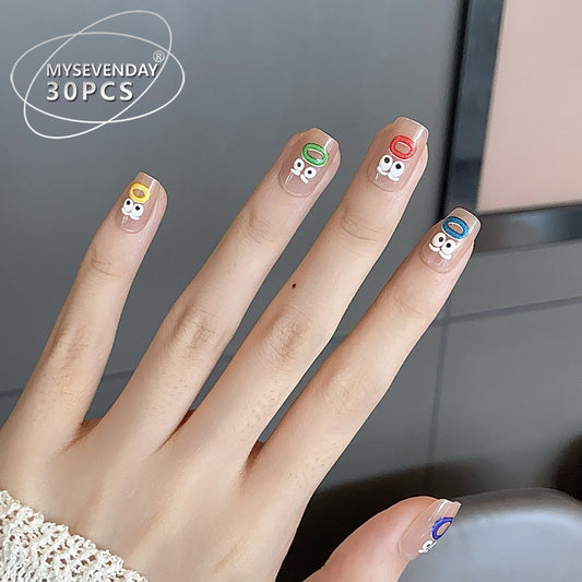 Whimsical Fun Short Square Clear Press On Nail Set with Colorful Cartoon Faces