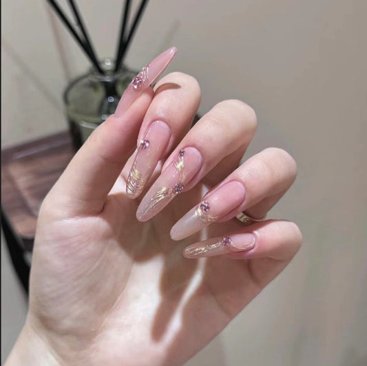 Glamorous Elegance Extra Long Almond Ombre Pink with Dazzling Rhinestone Accents Press On Nail Set